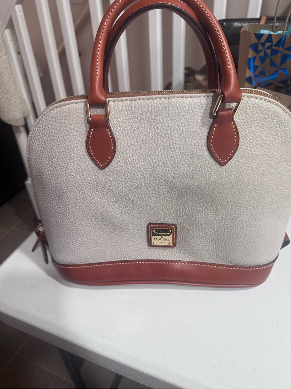 Dooney & Bourke Cream Pebble Leather Satchel with Brown Trim new w/tags
